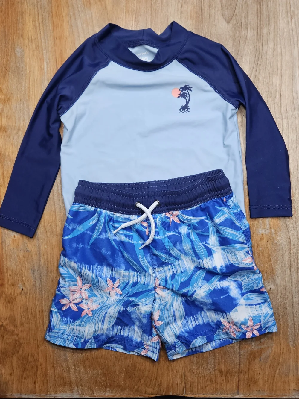 Carter's Navy & Light Blue Rashguard Set with Tropical Blue Floral Swim Trunks